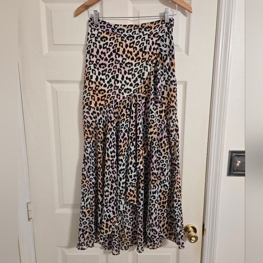 Sugar Lipz pastel leopard print hi low ruffle Maxi skirt size small